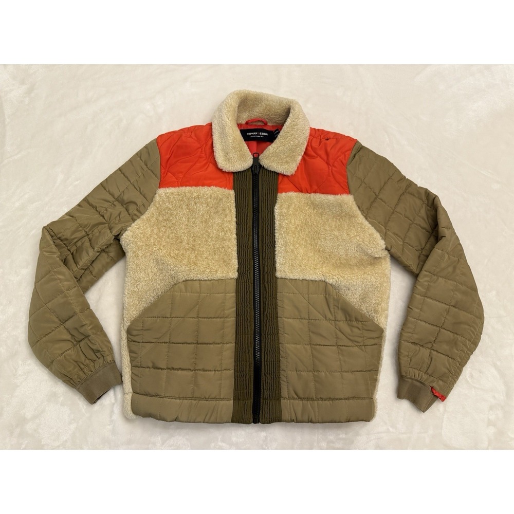 Topman Design Mens Quilted Faux Shearling Bomber Jacket Colorblock Size Small